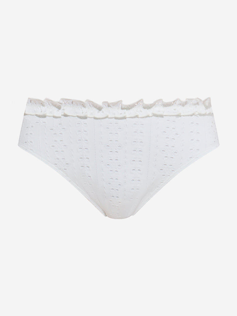 westisde Wunderlove Women's Swimwear White Schiffli-Detailed Hi-Leg Brief for Beachwear Flatly View