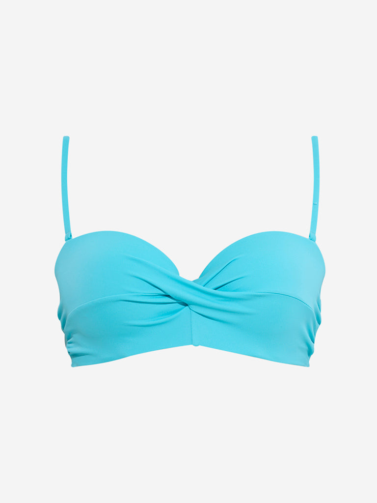 westisde Wunderlove Women's Swimwear Blue Underwired Bandeau Bra for Beachwear Flatly View