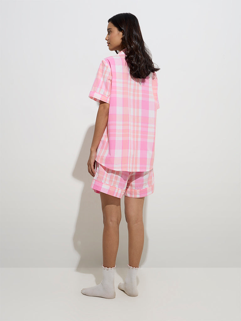 westisde Wunderlove Women's Pink Checkered Cotton Shirt with Shorts Set for Casual Wear Back View
