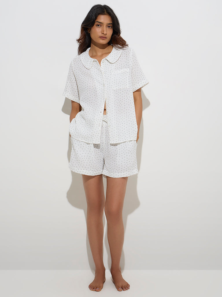 Wunderlove Ivory Floral Cotton Shirt with Shorts Set