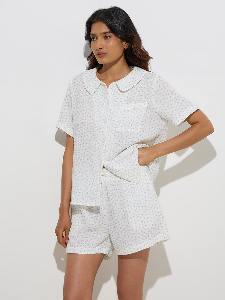 Wunderlove Ivory Floral Cotton Shirt with Shorts Set