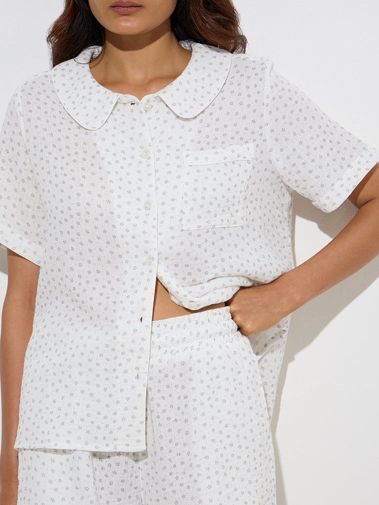 Wunderlove Ivory Floral Cotton Shirt with Shorts Set
