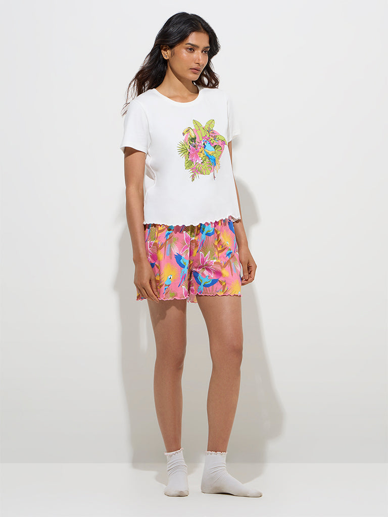 Wunderlove White Printed Cotton Shorts Set In A Bag