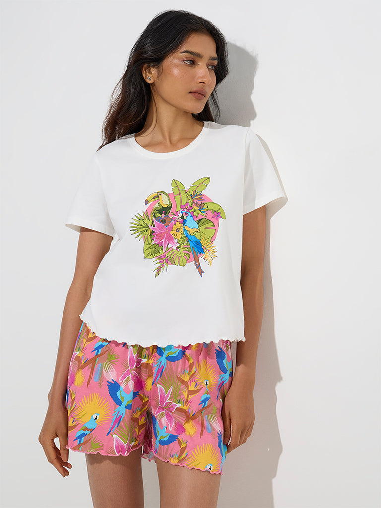 Wunderlove White Printed Cotton Shorts Set In A Bag