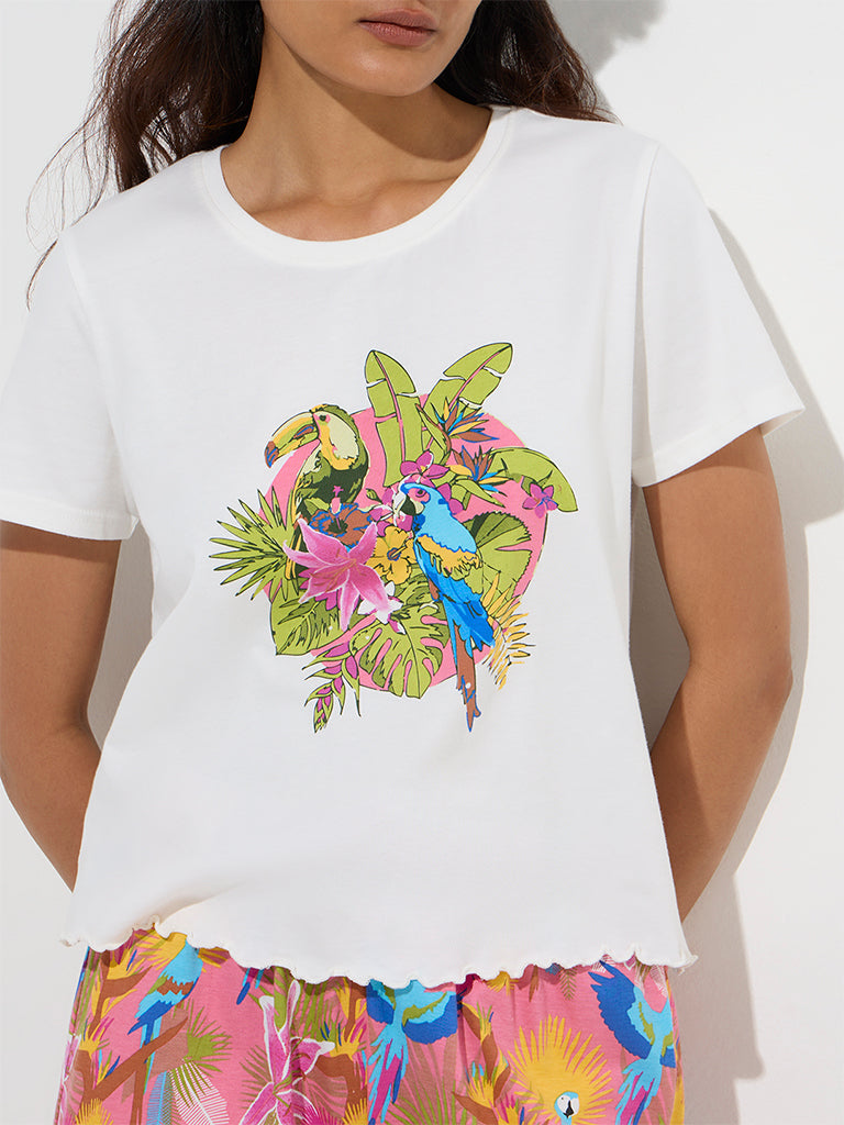 Wunderlove White Printed Cotton Shorts Set In A Bag