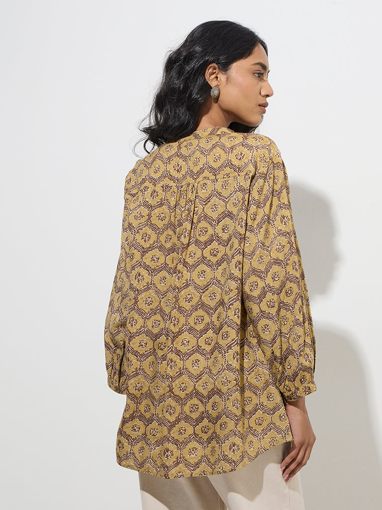 westisde Utsa Women's Mustard Printed Straight Cotton Tunic for Everyday Back View