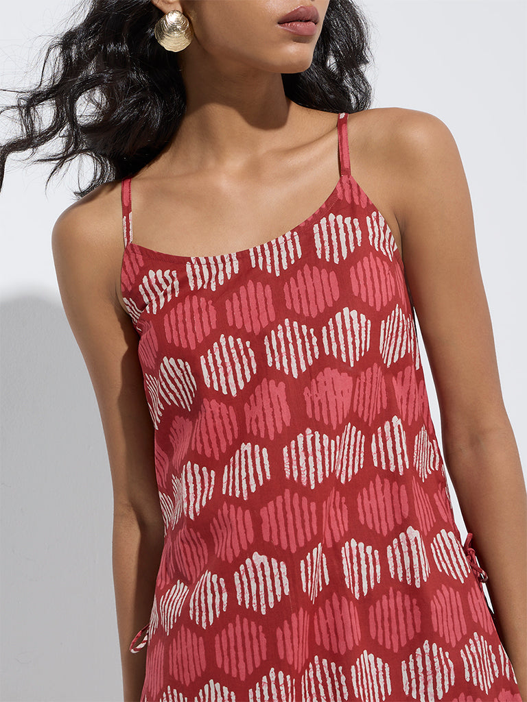 Utsa Red Geometric Printed A-Line Cotton Kurta