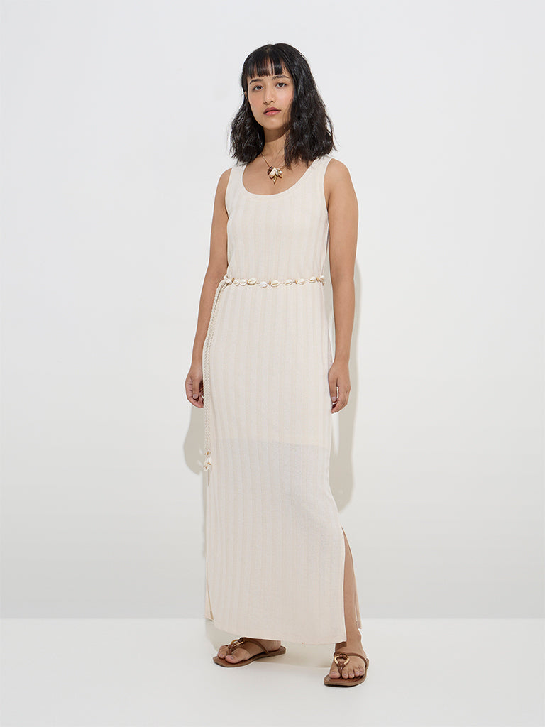 LOV Off-White Self-Striped Straight Dress with Belt