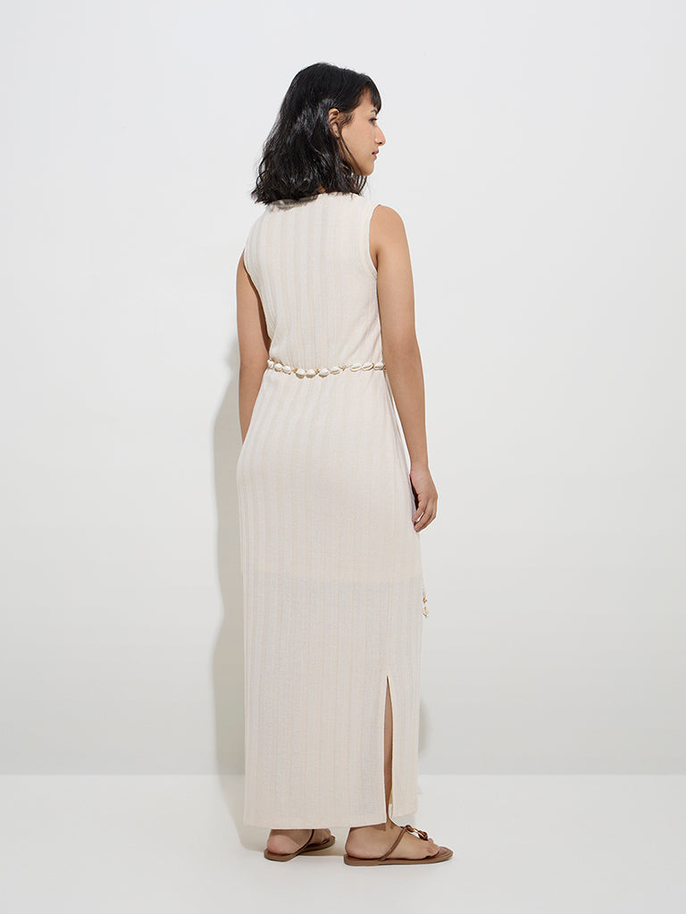 LOV Off-White Self-Striped Straight Dress with Belt