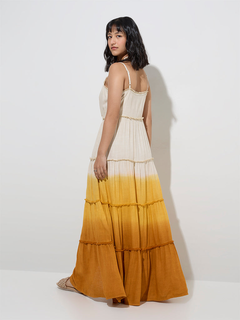 Westside LOV Women's Beige Ombre-Finish Tiered Dress for Casual Wear Back View