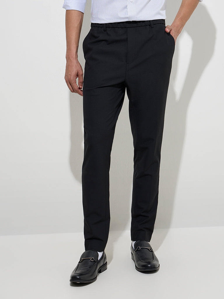 WES Formals Black Slim-Fit Mid-Rise Trousers