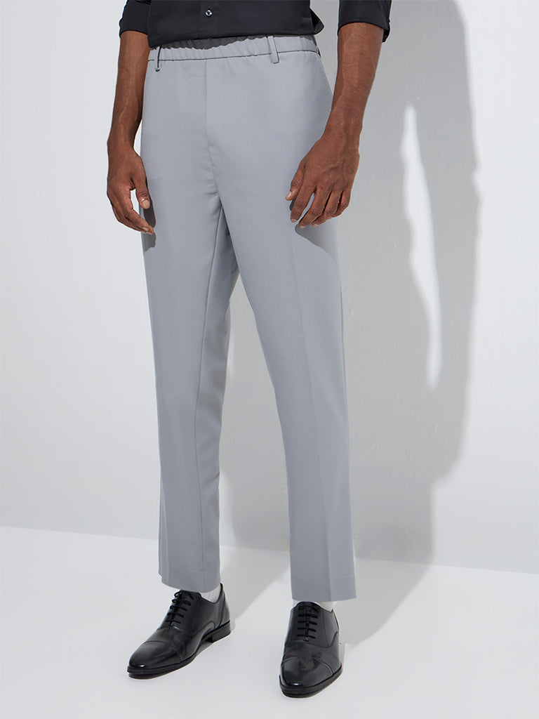 WES Formals Grey Slim-Fit Mid-Rise Trousers