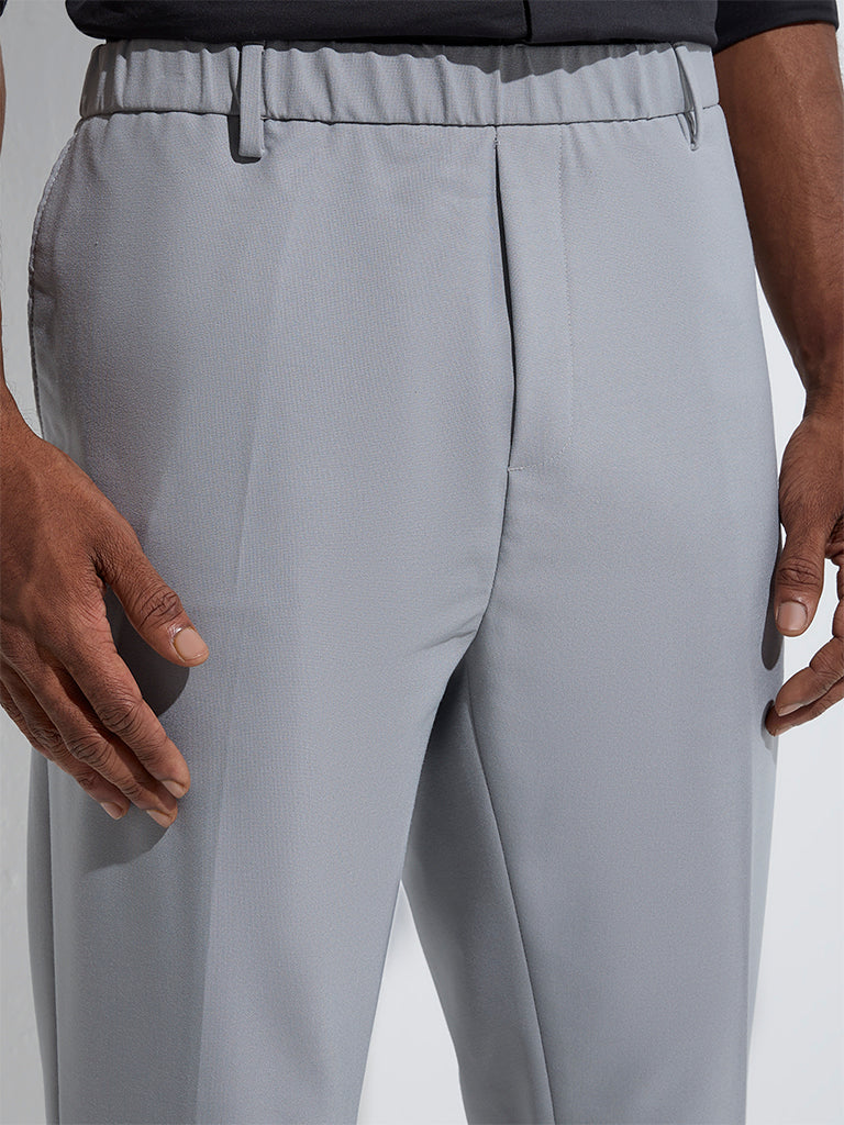WES Formals Grey Slim-Fit Mid-Rise Trousers