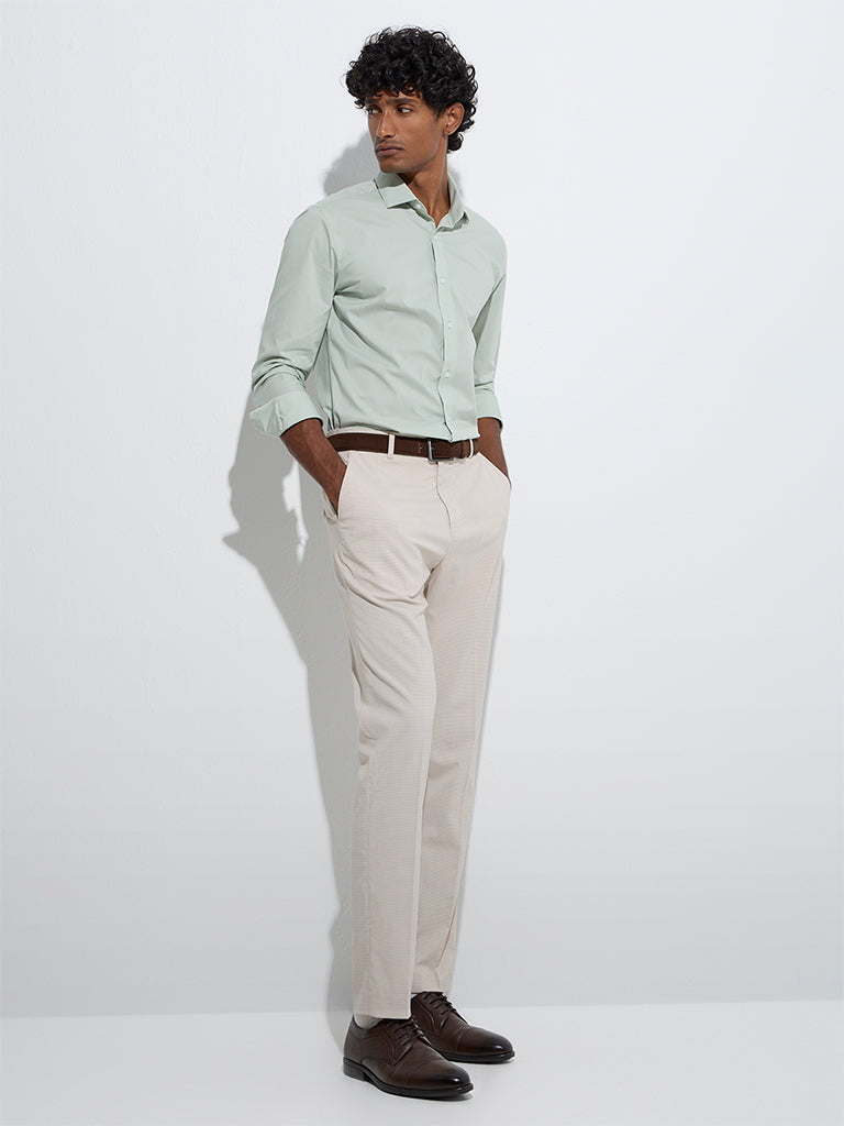 WES Formals Beige Checkered Slim-Fit Mid-Rise Trousers