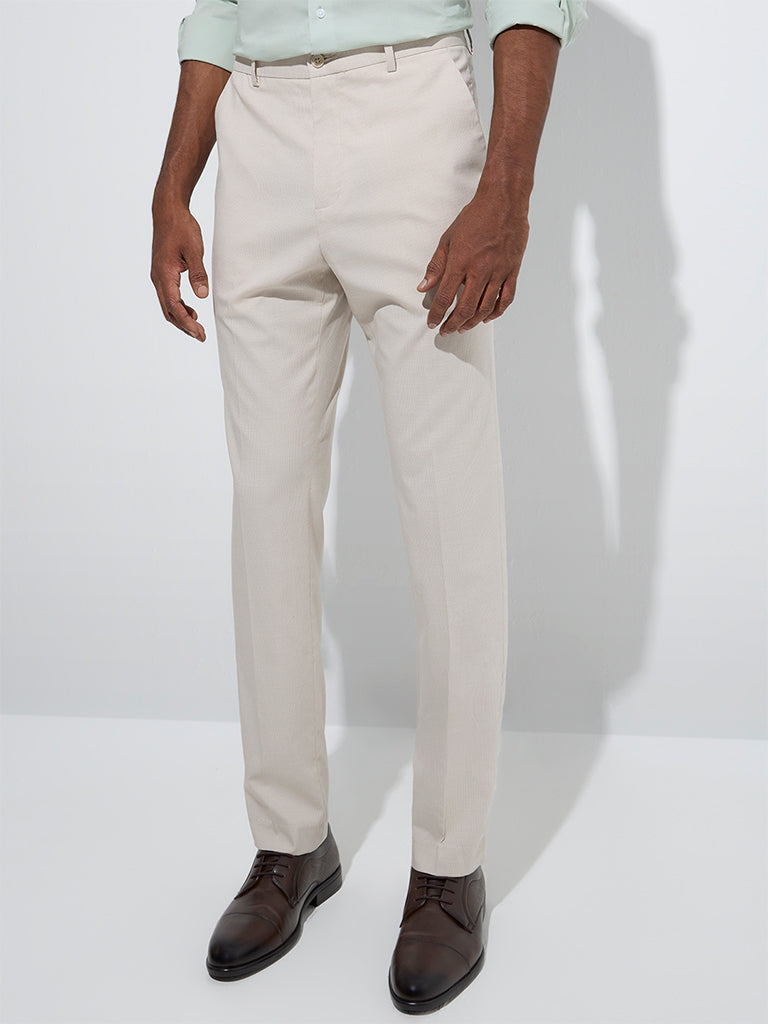 WES Formals Beige Checkered Slim-Fit Mid-Rise Trousers