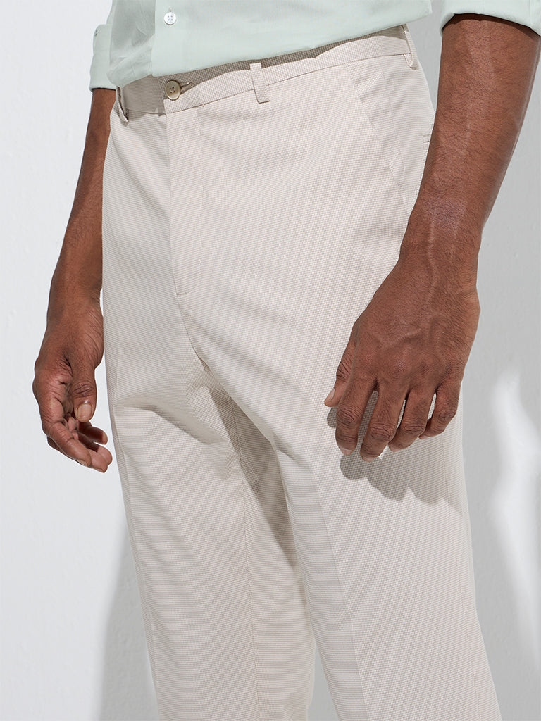 WES Formals Beige Checkered Slim-Fit Mid-Rise Trousers