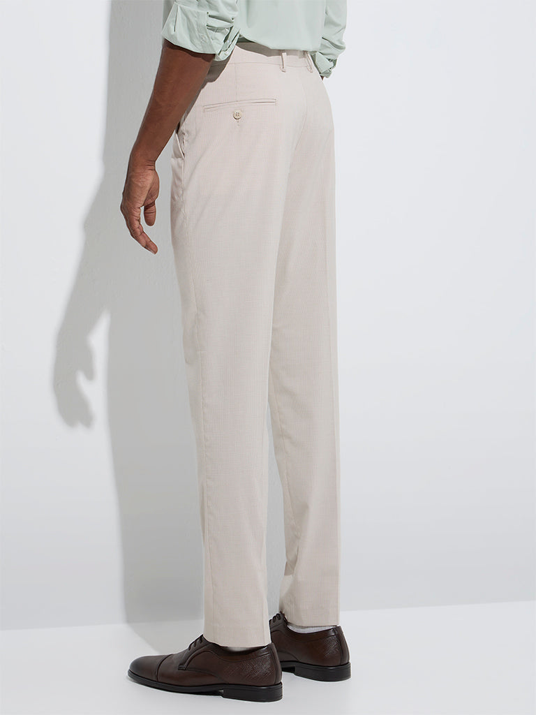 WES Formals Beige Checkered Slim-Fit Mid-Rise Trousers