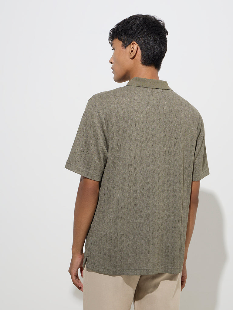 Westside ETA Men's Sage Self-Striped Knitted Relaxed-Fit Polo T-Shirt for Casual Wear Back View