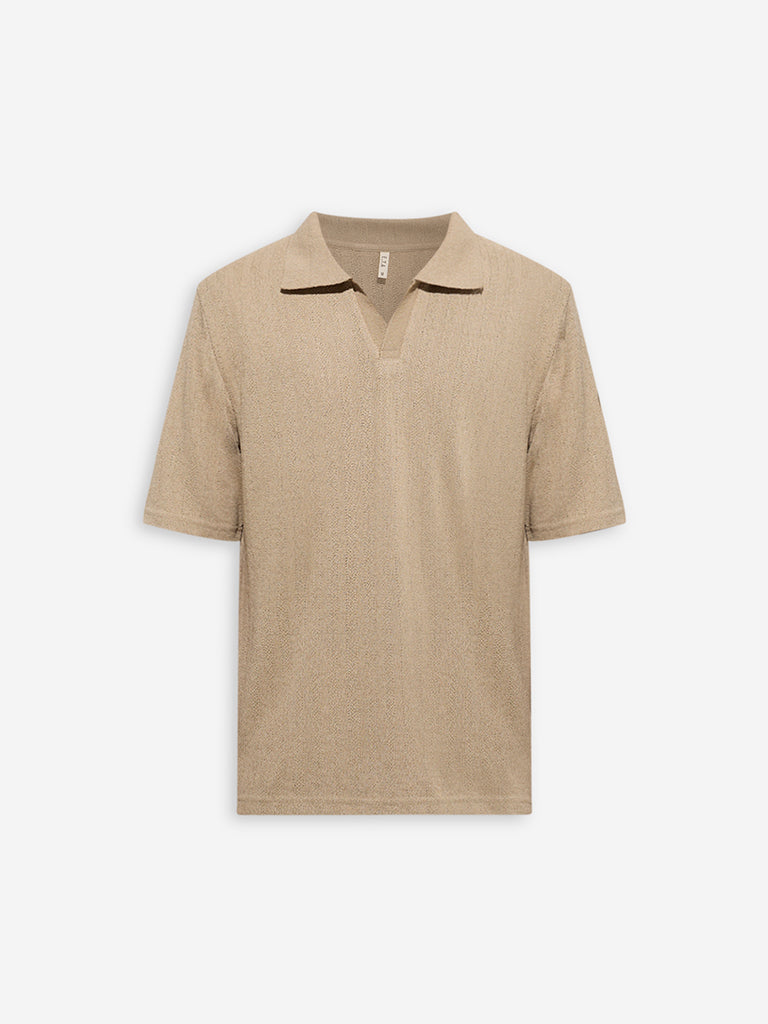 Westside ETA Men's Taupe Knit-Textured Relaxed-Fit Polo T-Shirt for Casual Wear Flatly View