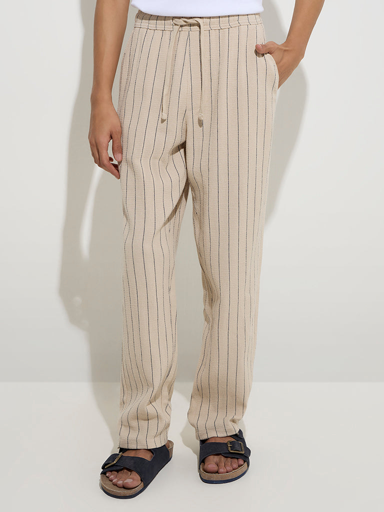 ETA Beige Striped Relaxed-Fit Mid-Rise Cotton Chinos