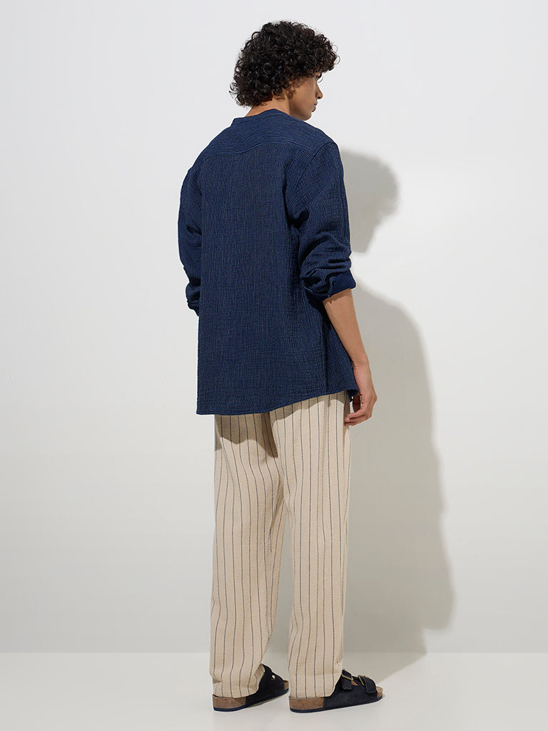 westisde ETA Men's Beige Striped Relaxed-Fit Mid-Rise Cotton Chinos for Casual Wear Back View