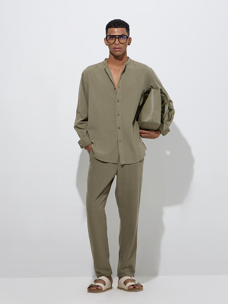 Westside ETA Men's Sage Solid Relaxed-Fit Cotton-Blend Shirt for Casual Wear Full Model View