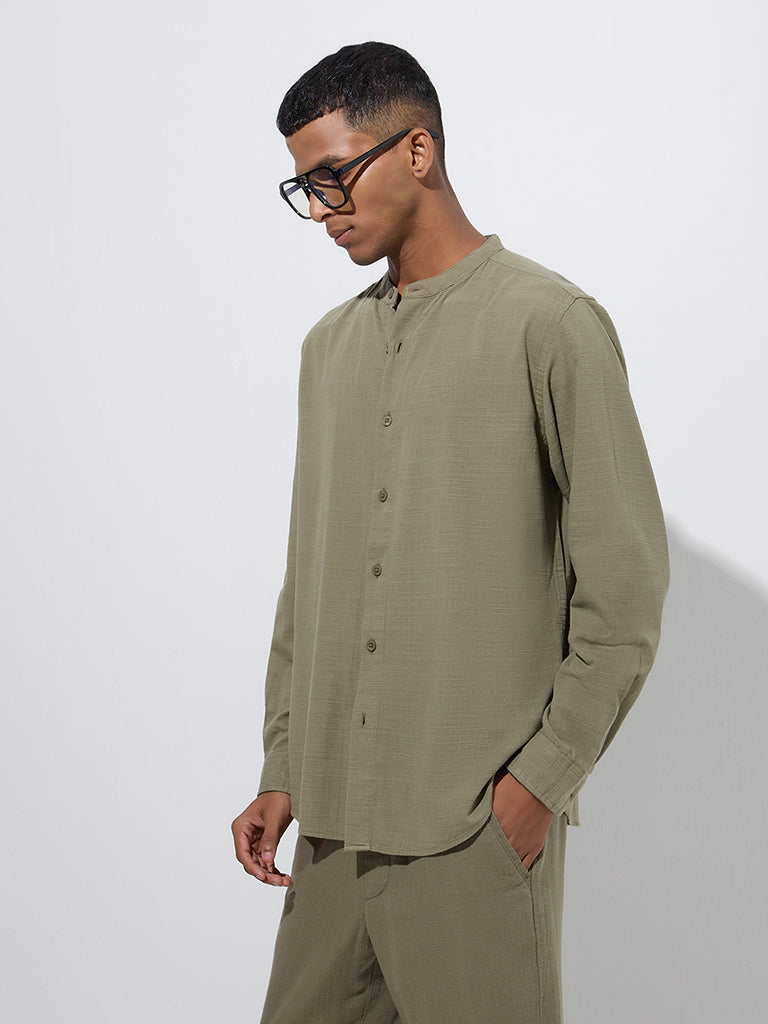Westside ETA Men's Sage Solid Relaxed-Fit Cotton-Blend Shirt for Casual Wear Front View