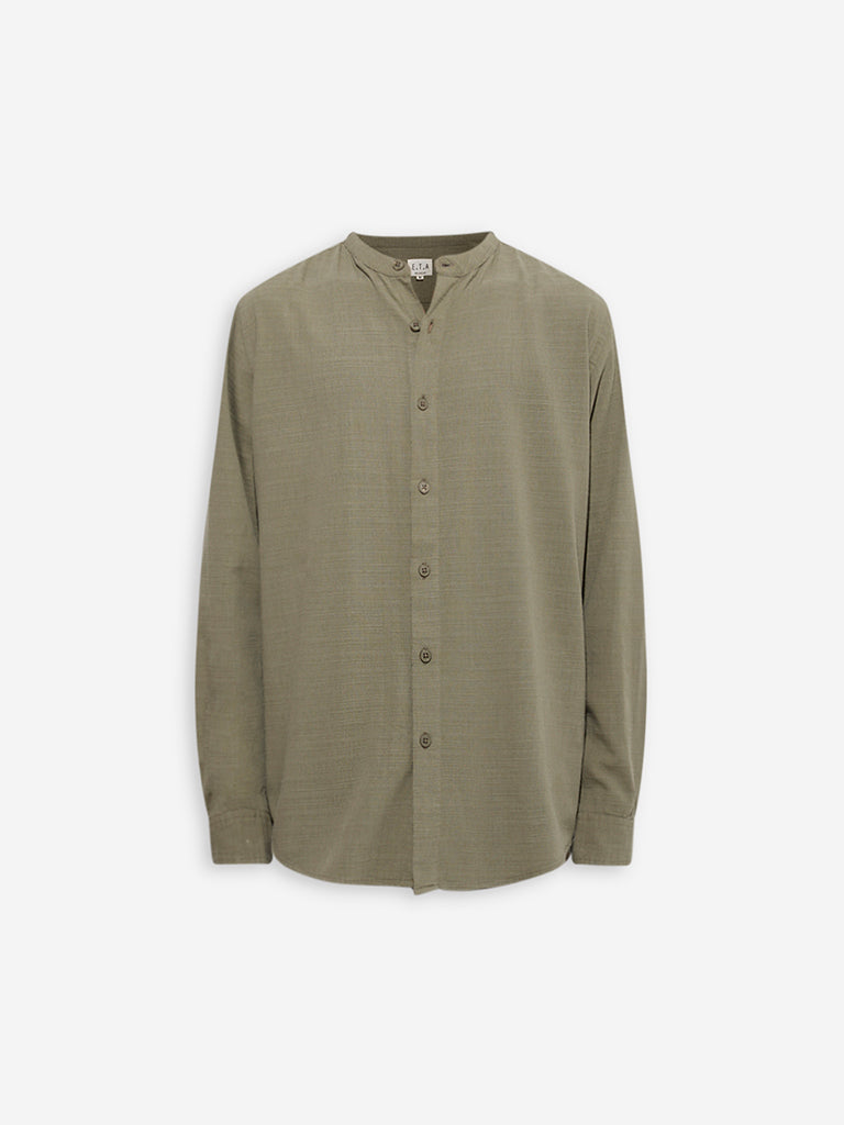 Westside ETA Men's Sage Solid Relaxed-Fit Cotton-Blend Shirt for Casual Wear Flatly View