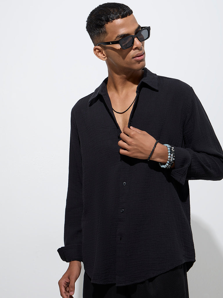 Westside ETA Men's Black Crinkle-Textured Relaxed-Fit Cotton Shirt for Casual Wear Front View