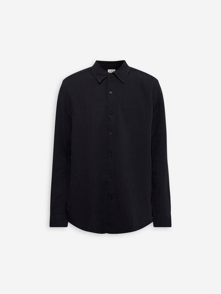 Westside ETA Men's Black Crinkle-Textured Relaxed-Fit Cotton Shirt for Casual Wear Flatly View