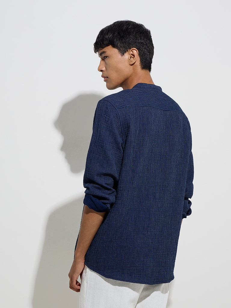 westisde ETA Men's Indigo Pinstriped Relaxed-Fit Cotton Shirt for Casual Wear Back View