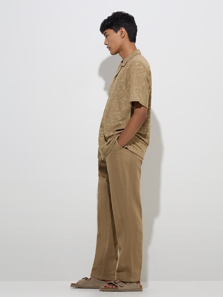 ETA Taupe Embroidered Relaxed-Fit Cotton-Blend Shirt