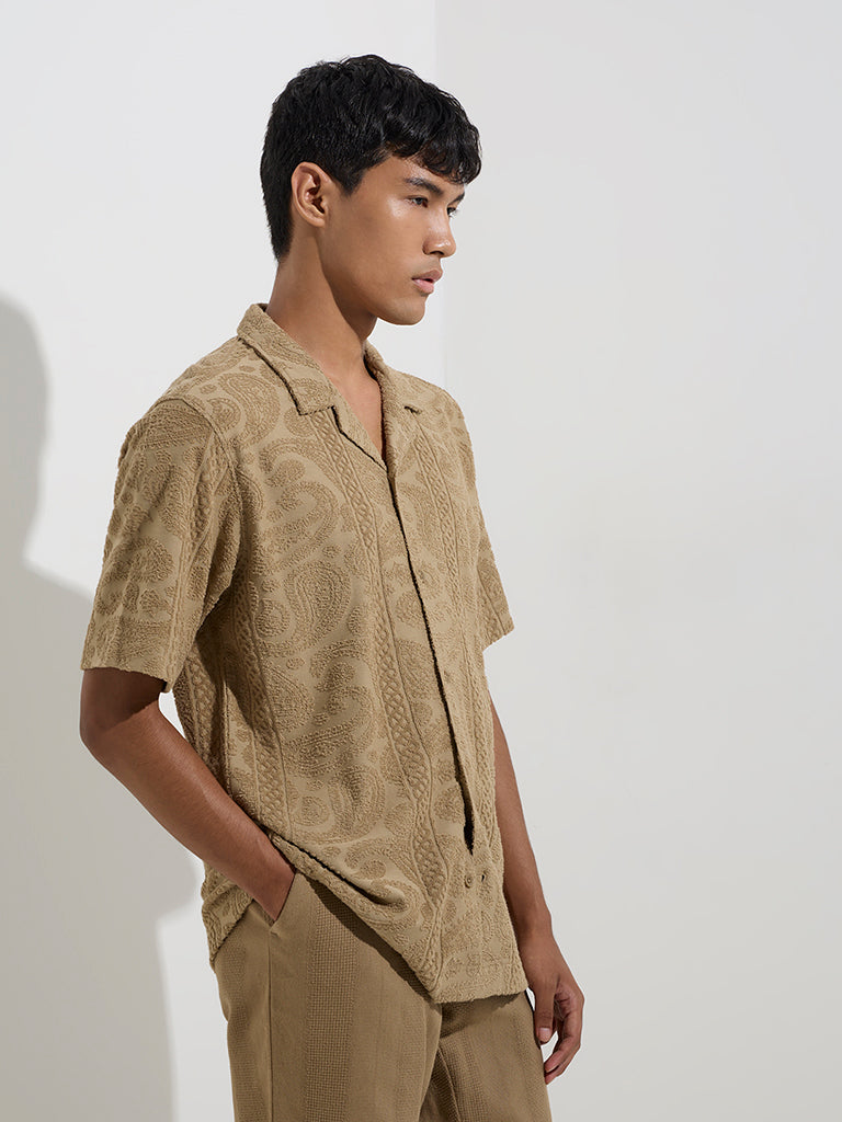 ETA Taupe Embroidered Relaxed-Fit Cotton-Blend Shirt