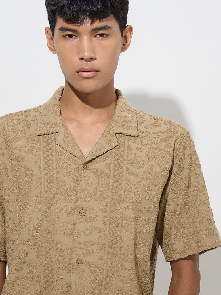 ETA Taupe Embroidered Relaxed-Fit Cotton-Blend Shirt