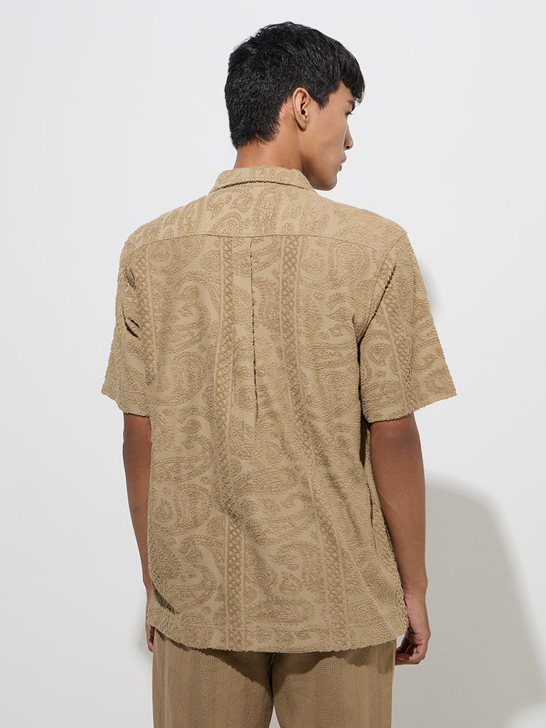 westisde ETA Men's Taupe Embroidered Relaxed-Fit Cotton-Blend Shirt for Casual Wear Back View