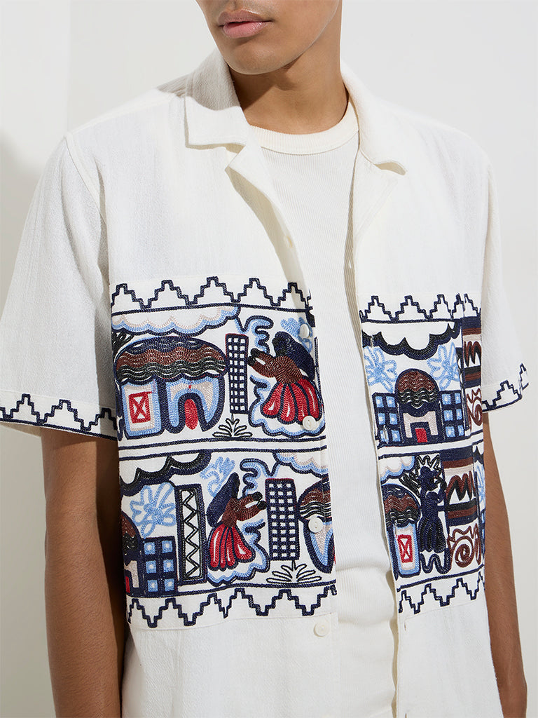 ETA White Embroidered Relaxed-Fit Cotton Shirt
