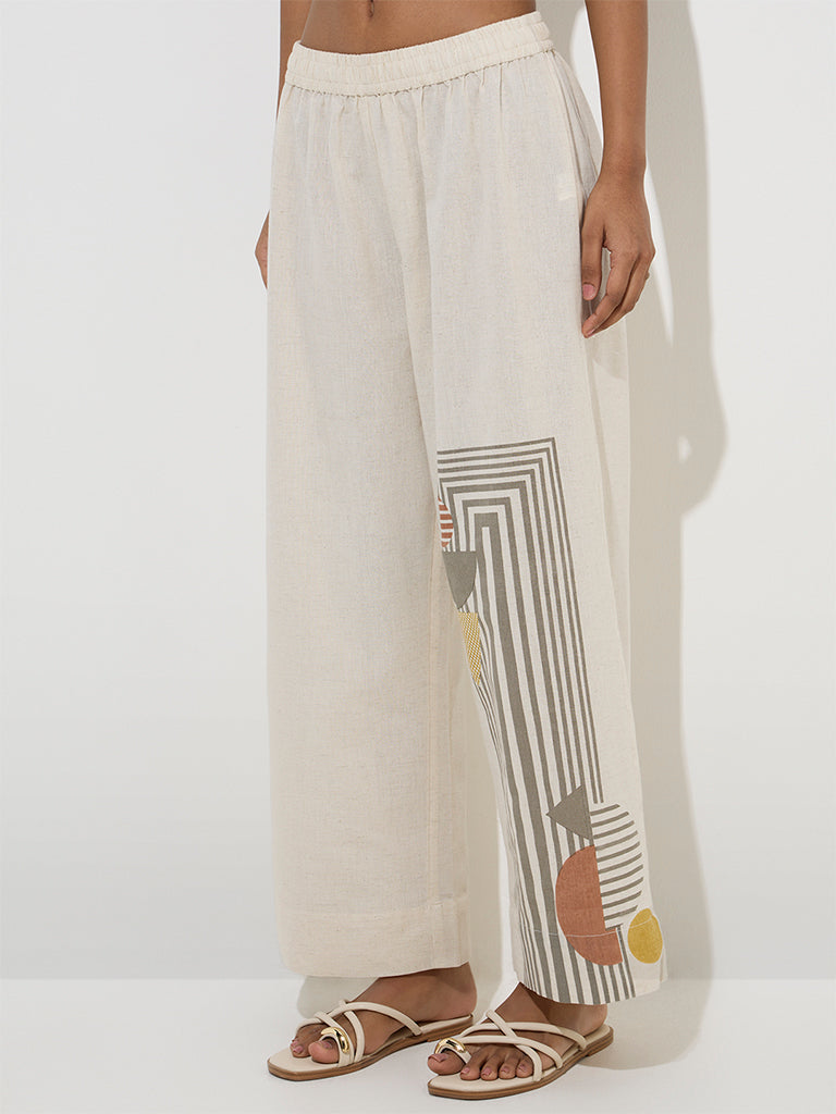 Utsa Off-White Geometric Design Cotton-Blend Palazzos