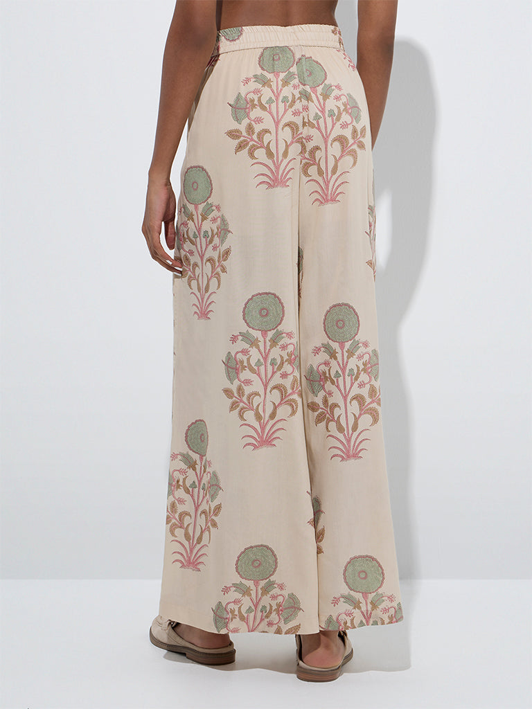 westisde Zuba Women's Off-White Floral Design Palazzos for Work Wear Back View