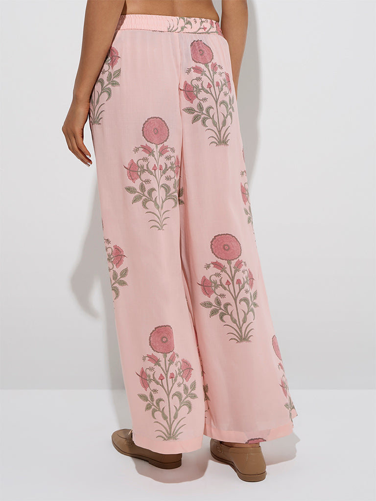 Zuba Peach Floral Butta Printed Palazzos