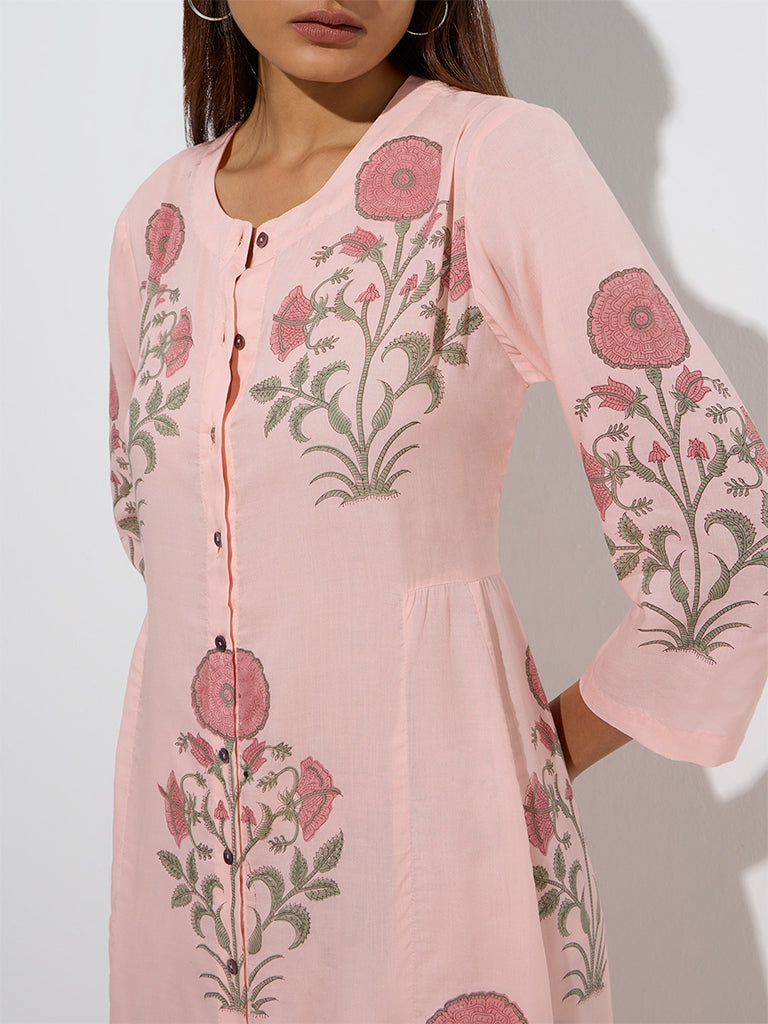 Zuba Peach Floral Buta Design A-Line Kurta