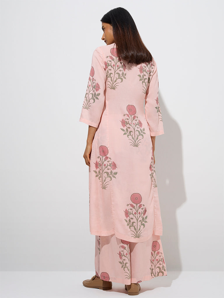 westisde Zuba Women's Peach Floral Buta Design A-Line Kurta for Work Wear Back View