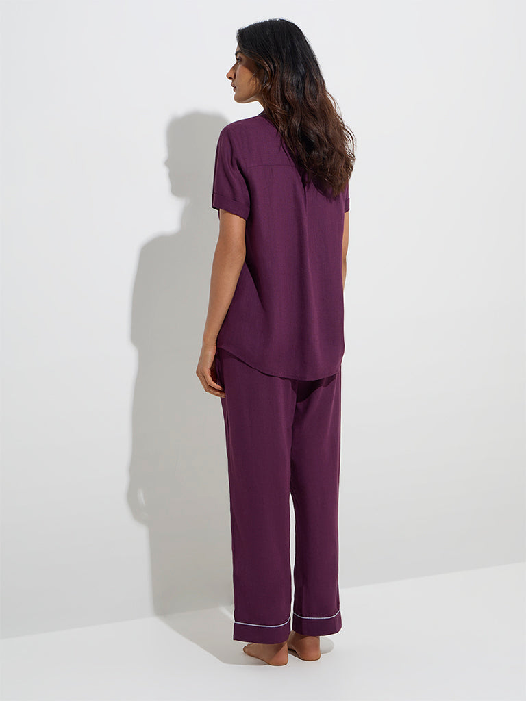Westside Wunderlove Women's Plum Shirt with Pyjama Set for Casual Wear Back View
