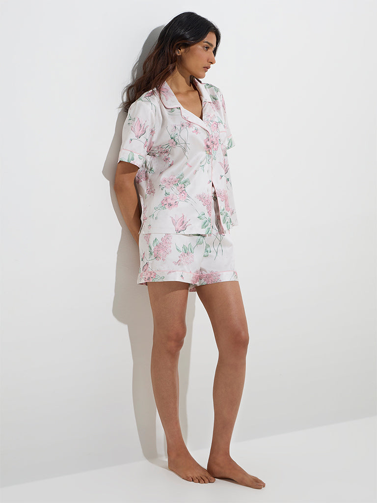 Wunderlove White Floral Design Satin Shirt with Shorts Set