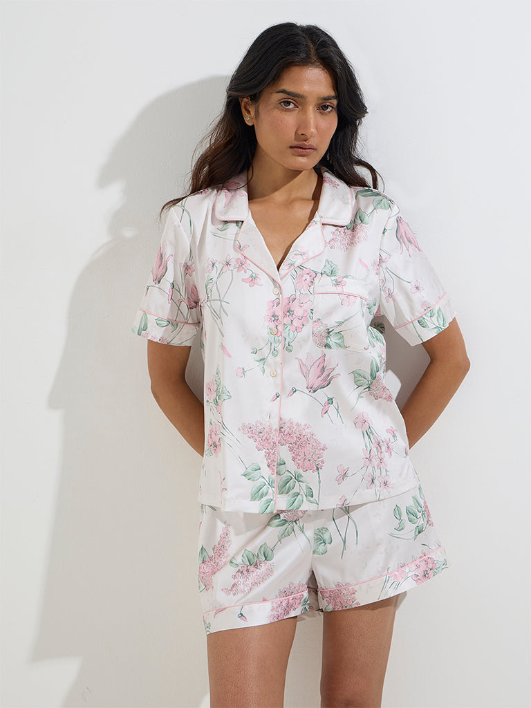 Wunderlove White Floral Design Satin Shirt with Shorts Set