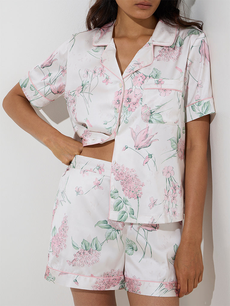 Wunderlove White Floral Design Satin Shirt with Shorts Set