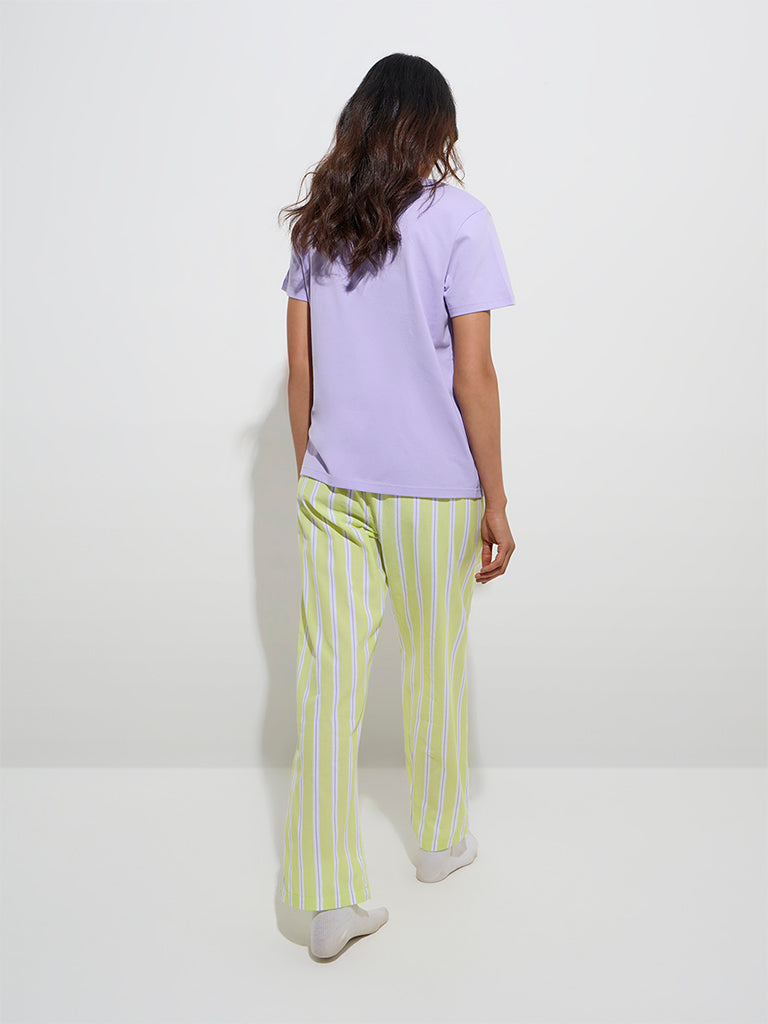 Westside Wunderlove Women's Green Striped High-Rise Cotton Lounge Pants for Casual Wear Back View