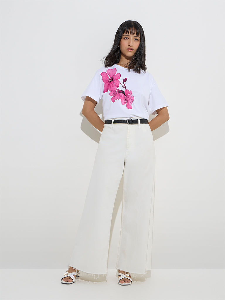LOV White Floral Design Cotton T-Shirt