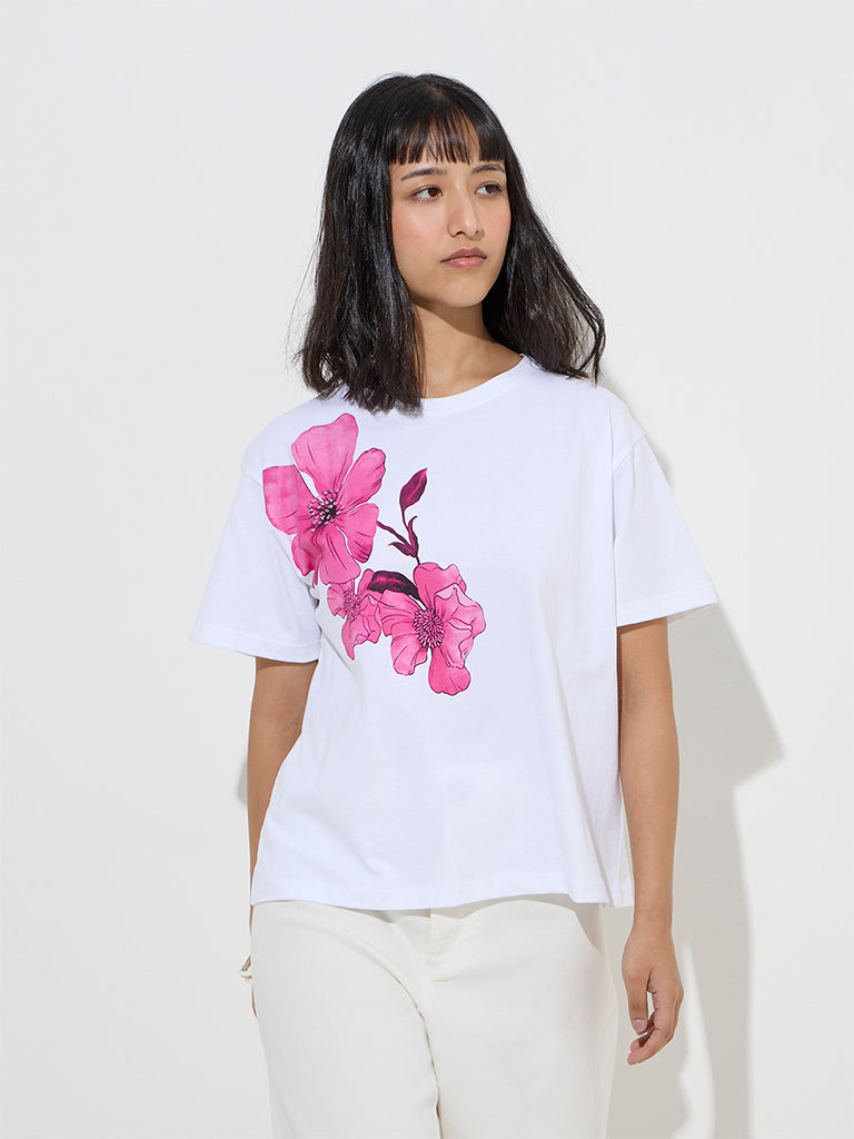 LOV White Floral Design Cotton T-Shirt