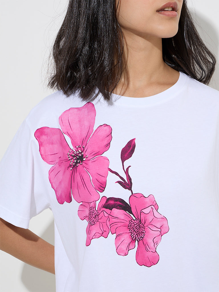 LOV White Floral Design Cotton T-Shirt