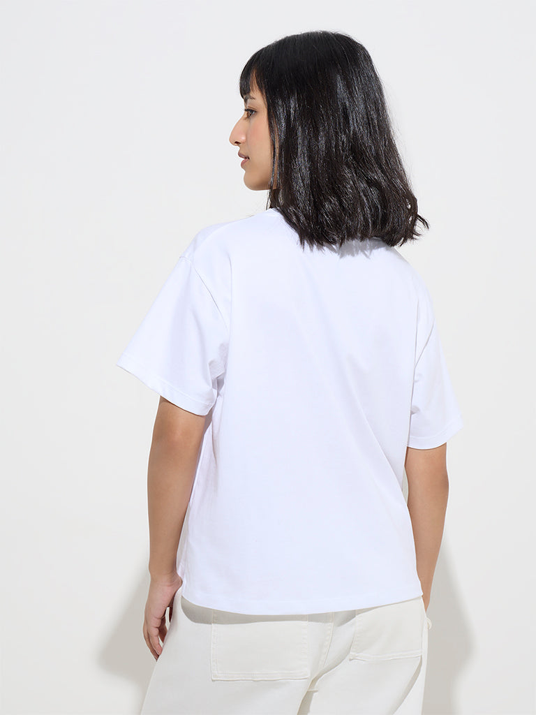 LOV White Floral Design Cotton T-Shirt